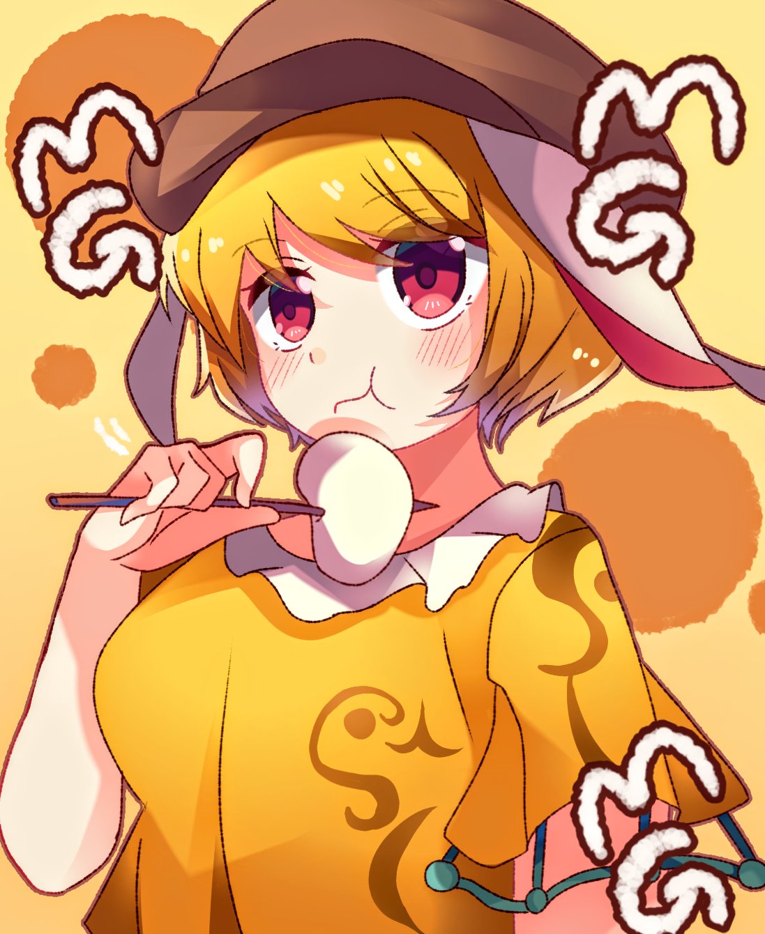 1girl :t animal_ears blonde_hair blush breasts brown_headwear cabbie_hat closed_mouth crossed_legs dango eating eyebrows_visible_through_hair flat_cap floppy_ears food hat highres kine mallet medium_breasts meimei_(meimei89008309) mg_mg moon_rabbit orange_shirt rabbit_ears red_eyes ringo_(touhou) shirt short_hair shorts touhou upper_body wagashi yellow_shirt