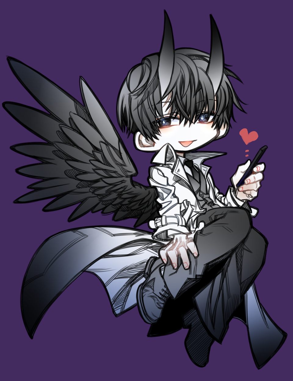 1boy :d black_eyes black_hair black_neckwear black_wings bright_pupils collared_shirt dok-ja_kim eyebrows_visible_through_hair feathered_wings heart highres holding holding_phone horns knees_together_feet_apart long_sleeves male_focus necktie omniscient_reader's_viewpoint open_mouth pale_skin phone purple_background shirt short_(lout) sideways_glance simple_background smile solo spoilers symbol-shaped_pupils vest white_pupils wings