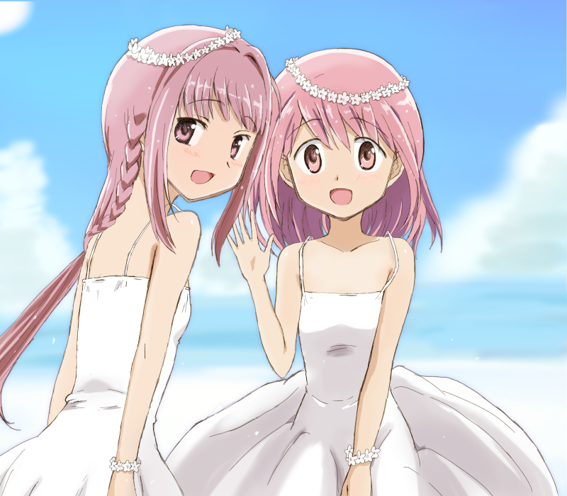 2girls alternate_costume arms_at_sides bangs bare_arms blue_sky blunt_bangs blurry blurry_background braid breasts clouds cloudy_sky collarbone commentary_request corsage day dot_nose dress eyebrows_visible_through_hair flower from_side hand_up happy head_wreath kaname_madoka kinfuji light_blush light_particles long_hair looking_at_viewer looking_back low-tied_long_hair low_ponytail magia_record:_mahou_shoujo_madoka_magica_gaiden mahou_shoujo_madoka_magica medium_hair multiple_girls open_mouth outdoors pink_eyes pink_hair shiny shiny_hair shiny_skin side-by-side sidelocks skinny sky sleeveless sleeveless_dress small_breasts smile spaghetti_strap sundress tamaki_iroha tareme tsurime upper_body waving white_dress white_flower wide-eyed