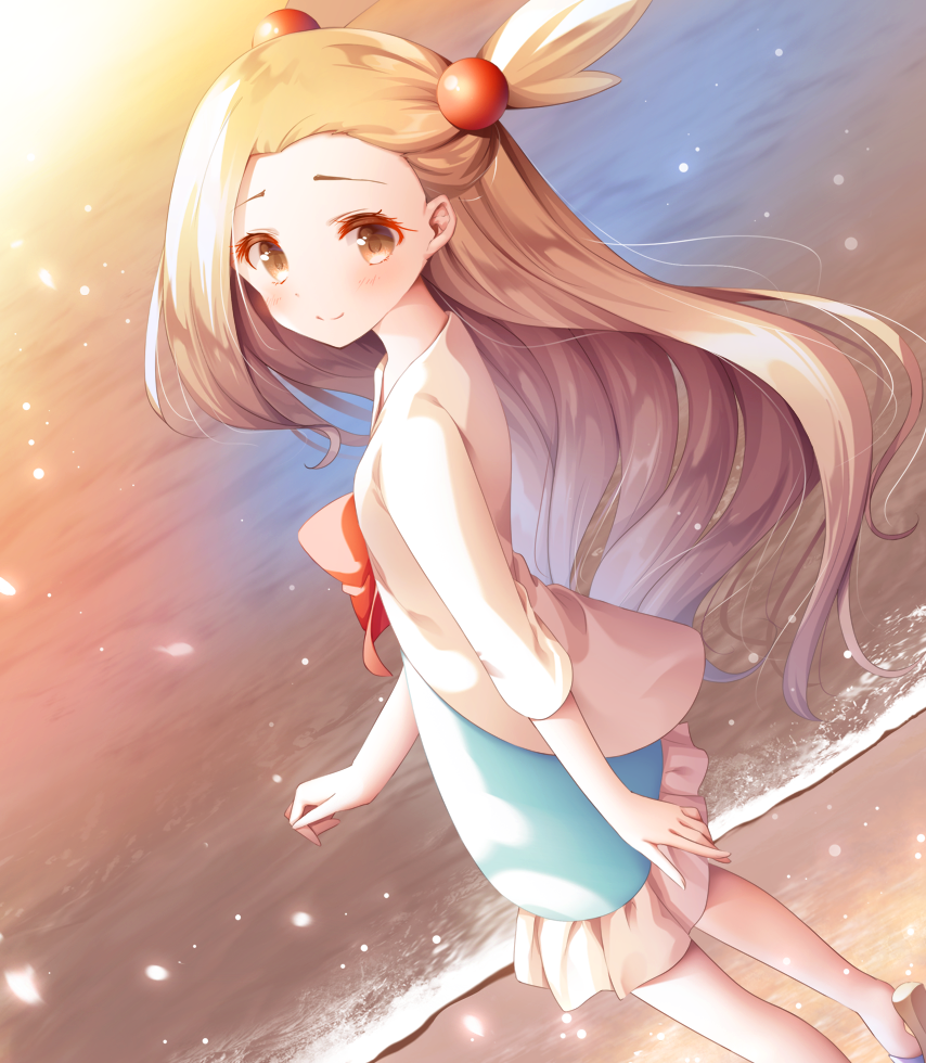 1girl beach blue_dress blush bow brown_eyes brown_footwear brown_hair closed_mouth dress forehead frilled_dress frills jacket jasmine_(pokemon) long_hair looking_at_viewer looking_back murano pokemon red_bow sand sandals smile solo sunset very_long_hair walking water white_jacket