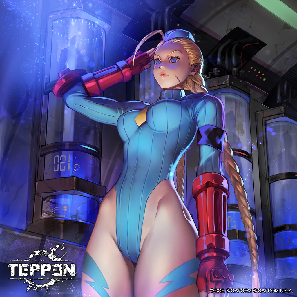 1girl ahoge blonde_hair blue_eyes blue_leotard bodypaint braid cammy_white commentary_request fingerless_gloves from_below garrison_cap gloves hat highleg highleg_leotard huge_ahoge leotard long_hair necktie red_gloves ribbed_leotard salute solo street_fighter street_fighter_zero_(series) temoshi teppen twin_braids yellow_neckwear