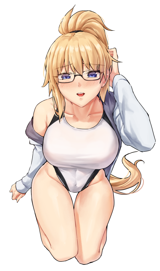 1girl bangs bare_shoulders blonde_hair blue_eyes breasts collarbone fate/grand_order fate_(series) high_ponytail highleg highleg_swimsuit jacket jeanne_d'arc_(fate)_(all) jeanne_d'arc_(swimsuit_archer)_(fate) large_breasts long_hair looking_at_viewer one-piece_swimsuit open_mouth sarhce smile solo swimsuit thighs very_long_hair white_jacket