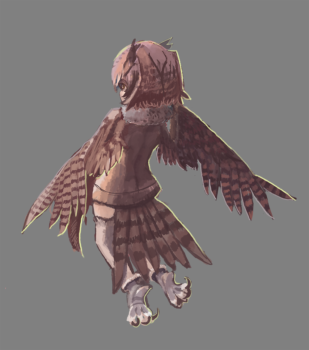 1girl animal_feet bangs bird_legs bird_tail brown_feathers brown_hair brown_wings coat commentary_request eurasian_eagle_owl_(kemono_friends) feathered_wings feathers grey_background harpy head_wings kemono_friends match314 monster_girl monsterification short_hair simple_background solo tail tail_feathers talons winged_arms wings