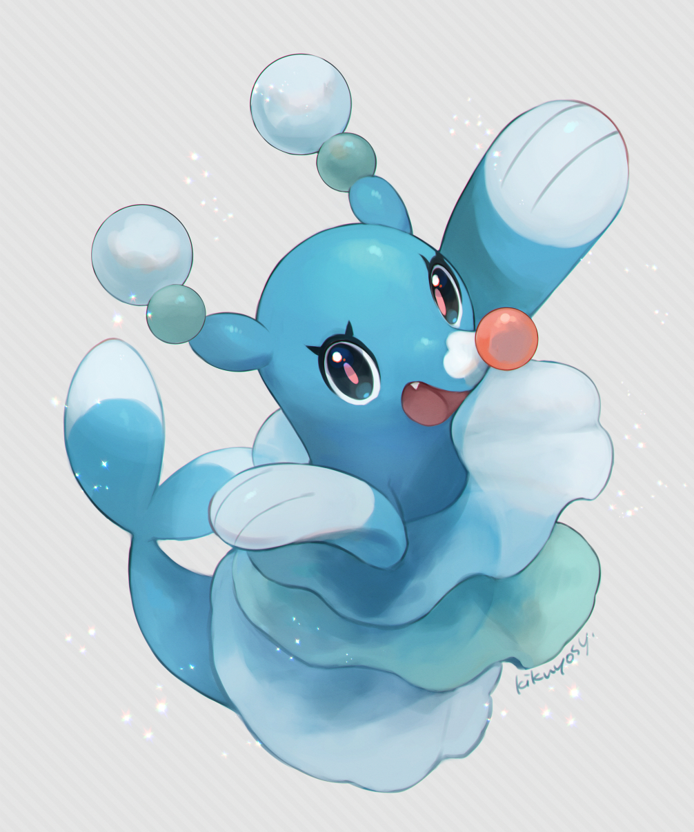 arms_up brionne commentary_request eyelashes fang full_body gen_7_pokemon green_eyes grey_background highres kikuyoshi_(tracco) looking_at_viewer no_humans open_mouth pink_pupils pokemon pokemon_(creature) signature tongue