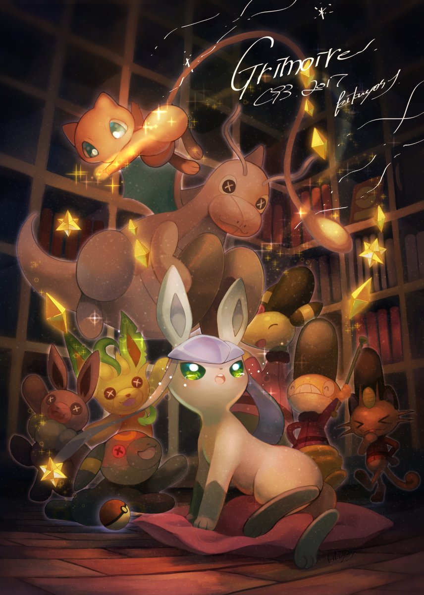 &gt;_&lt; ampharos blush character_doll clothed_pokemon commentary_request dragonite eevee flying gen_1_pokemon gen_2_pokemon gen_4_pokemon gen_5_pokemon glaceon green_eyes hatted_pokemon highres holding indoors kikuyoshi_(tracco) leafeon meowth mew mythical_pokemon open_mouth poke_ball poke_ball_(basic) pokemon red_sweater scraggy shelf signature sparkle standing sweater tongue umbreon upper_teeth