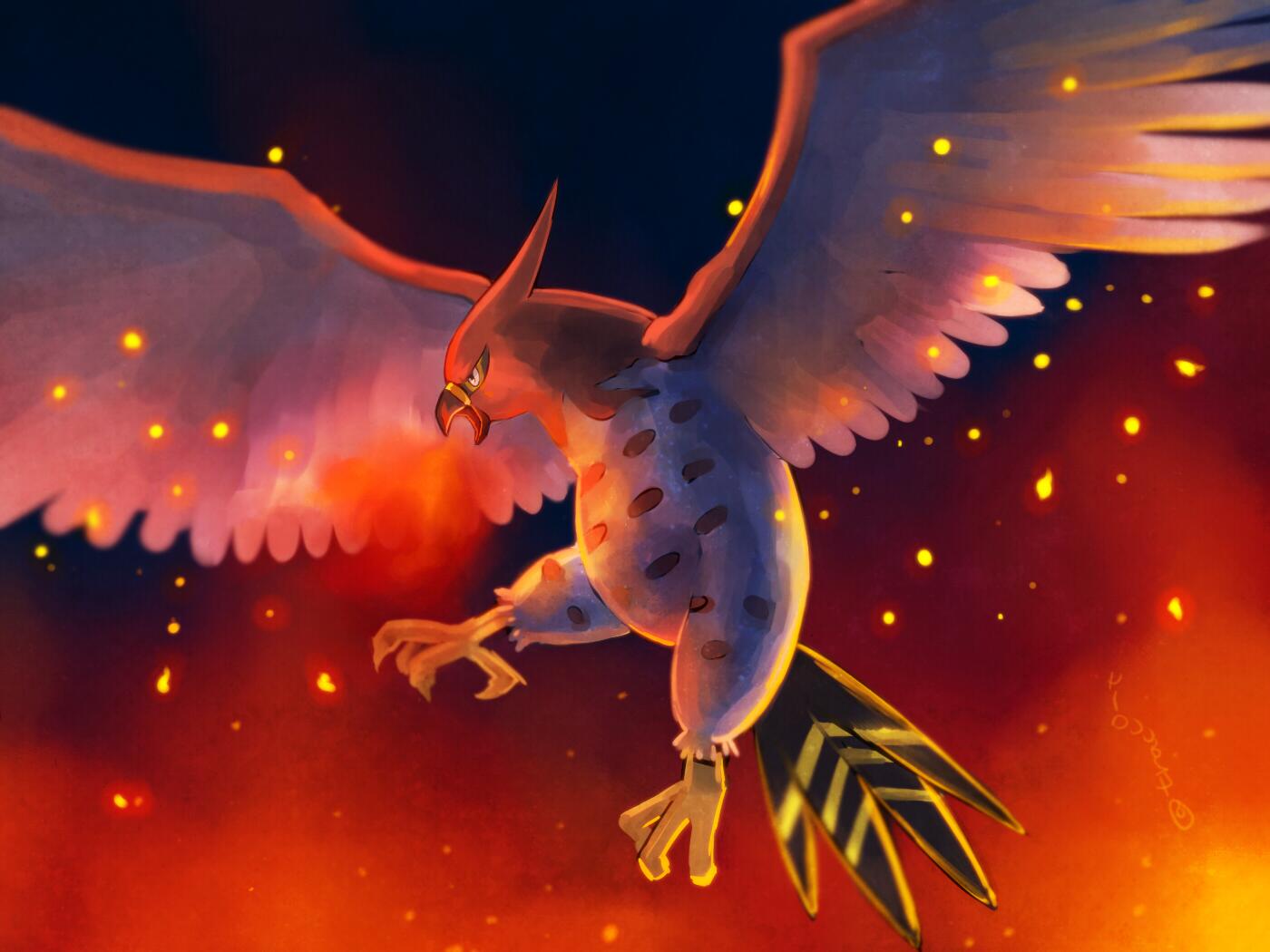 bird commentary_request embers from_side gen_6_pokemon grey_eyes kikuyoshi_(tracco) no_humans open_mouth pokemon pokemon_(creature) solo talonflame talons