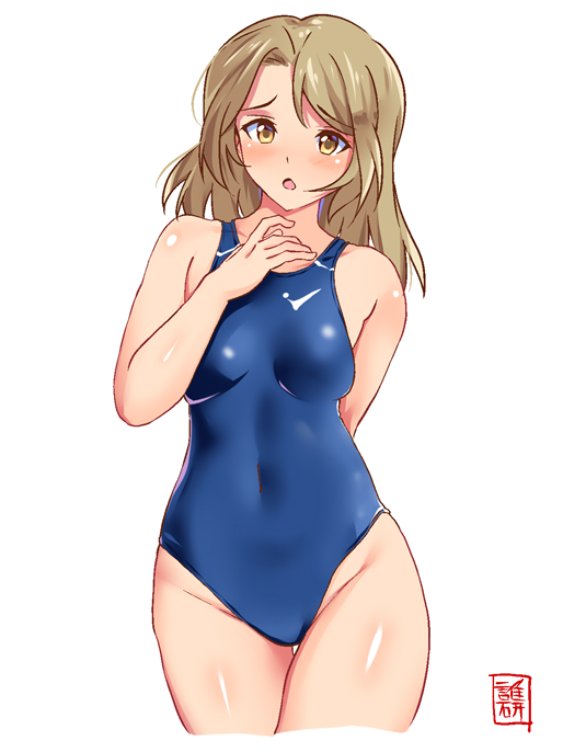 1girl alternate_breast_size arm_behind_back artist_logo blue_swimsuit breasts brown_eyes competition_swimsuit covered_navel cowboy_shot groin houston_(kancolle) impossible_clothes impossible_swimsuit kantai_collection light_brown_hair long_hair one-hour_drawing_challenge one-piece_swimsuit sebunsu simple_background small_breasts solo swimsuit white_background
