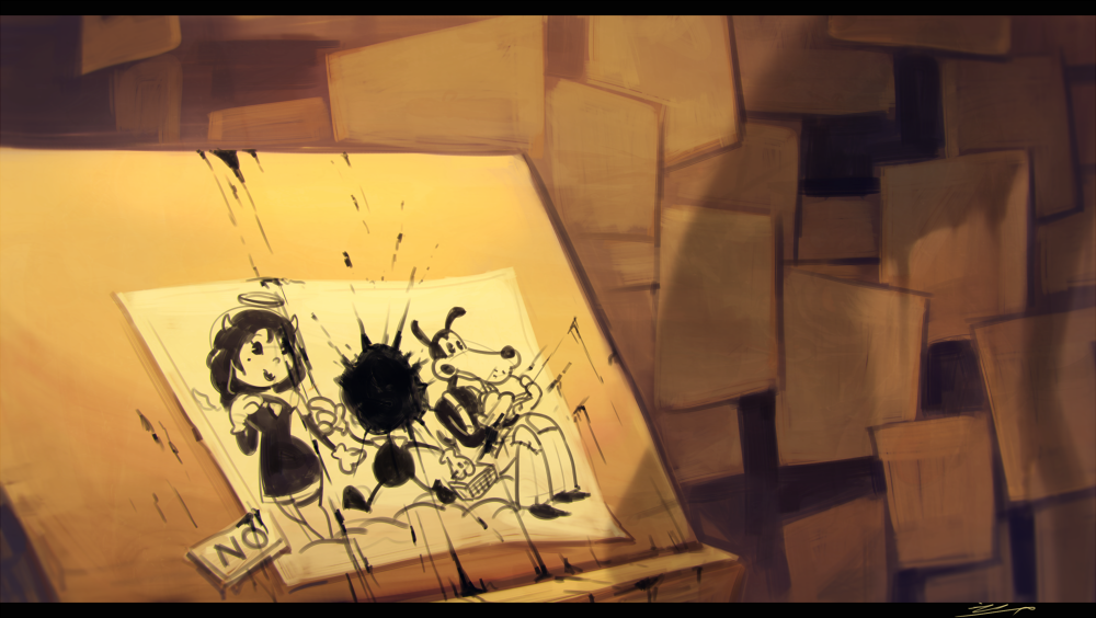 1girl 2boys alice_angel bendy bendy_and_the_ink_machine boris_the_wolf covered_face drawing drawing_board english_text food ink ink_stain koto_inari multiple_boys on_wall paper picnic_basket sandwich silhouette splashing