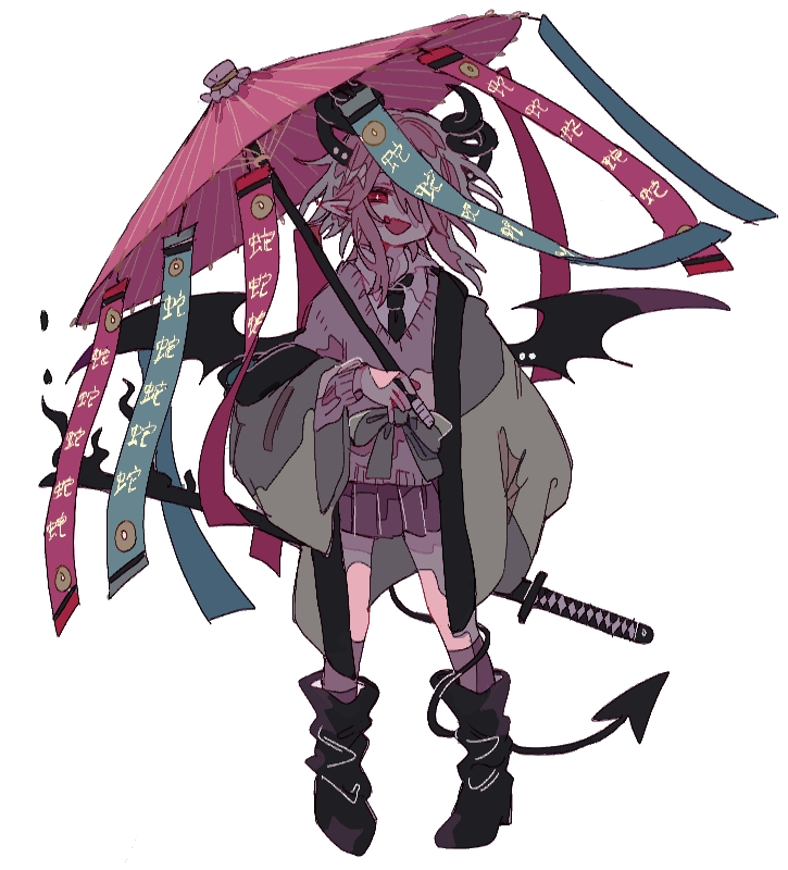 1girl :d bangs beige_sweater black_footwear black_horns black_wings boots curled_horns demon_horns demon_tail demon_wings green_jacket hanten_(sutare_yume) haori holding holding_umbrella horns jacket japanese_clothes katana medium_hair necktie oil-paper_umbrella okotatsu_(akio) one_eye_covered open_mouth pink_hair pink_skirt pleated_skirt pointy_ears sidelocks simple_background skirt smile solo sutare_yume sword tail umbrella weapon white_background wings