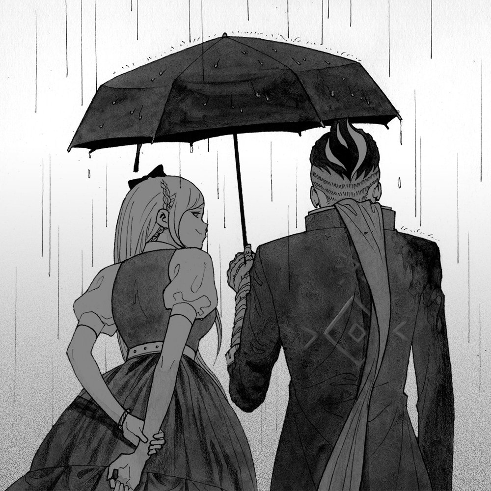 1boy 1girl bandaged_arm bandages bangs belt bow braid dangan_ronpa_(series) dangan_ronpa_2:_goodbye_despair dress from_behind gradient gradient_background grey_background greyscale hair_bow holding holding_umbrella jabtangbab jacket long_hair long_sleeves looking_at_another monochrome profile rain scarf short_sleeves smile sonia_nevermind tanaka_gandamu umbrella wet wet_clothes wrist_grab