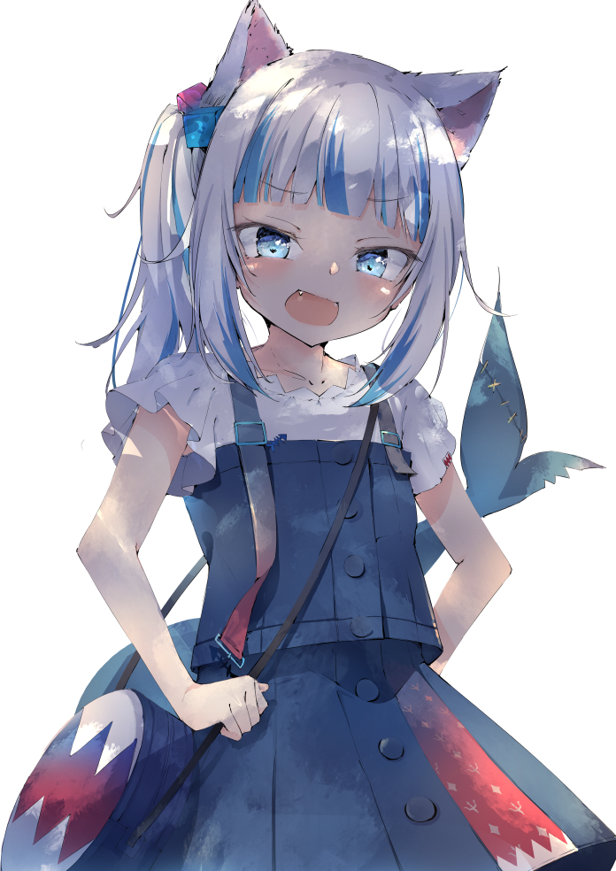 1girl :d animal_ears backlighting bag bite_mark blue_eyes blue_hair blush cat_ears eyebrows_visible_through_hair fang fish_tail gawr_gura hair_cubes hair_ornament handbag hands_on_hips hololive hololive_english looking_at_viewer medium_hair multicolored_hair nekopote open_mouth shark_tail shoulder_bag smile solo stitches streaked_hair tail upper_body virtual_youtuber white_background white_hair