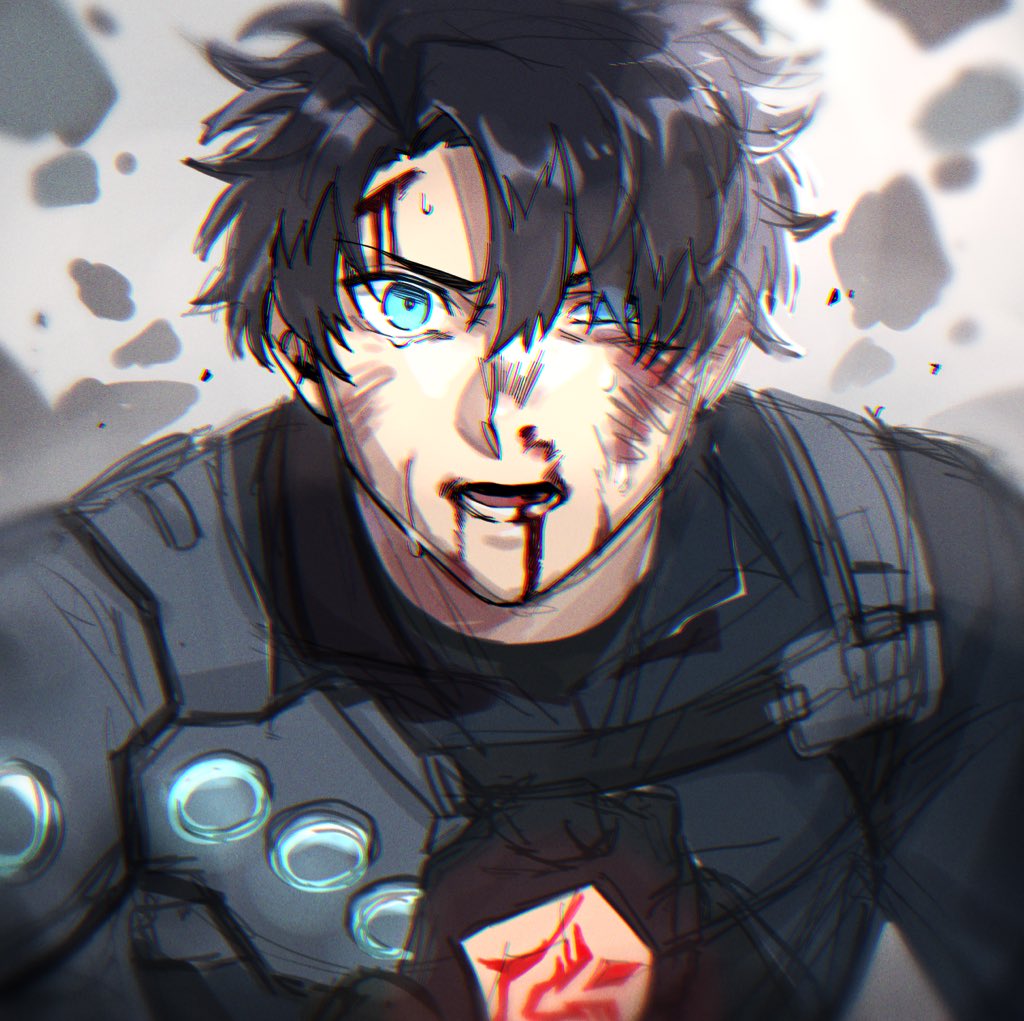 1boy armor black_armor black_gloves black_hair blood blood_from_mouth blood_on_face command_spell es_fthc fate/grand_order fate_(series) fujimaru_ritsuka_(male) gloves hair_between_eyes looking_at_viewer male_focus open_mouth short_hair shoulder_armor solo upper_body