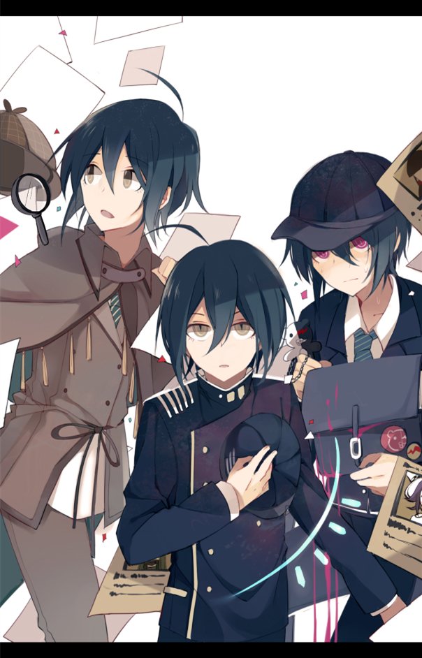 3boys ahoge bag bangs black_bag black_headwear black_jacket brown_capelet brown_eyes brown_jacket brown_pants buttons capelet collared_shirt commentary_request dangan_ronpa_(series) dangan_ronpa_v3:_killing_harmony detective double-breasted hair_between_eyes headwear_removed jacket letterboxed long_sleeves looking_at_viewer magnifying_glass male_focus monokuma multiple_boys multiple_persona official_alternate_costume open_mouth pants qiao_xing saihara_shuuichi school_uniform shirt short_hair simple_background striped striped_neckwear upper_body white_background white_shirt