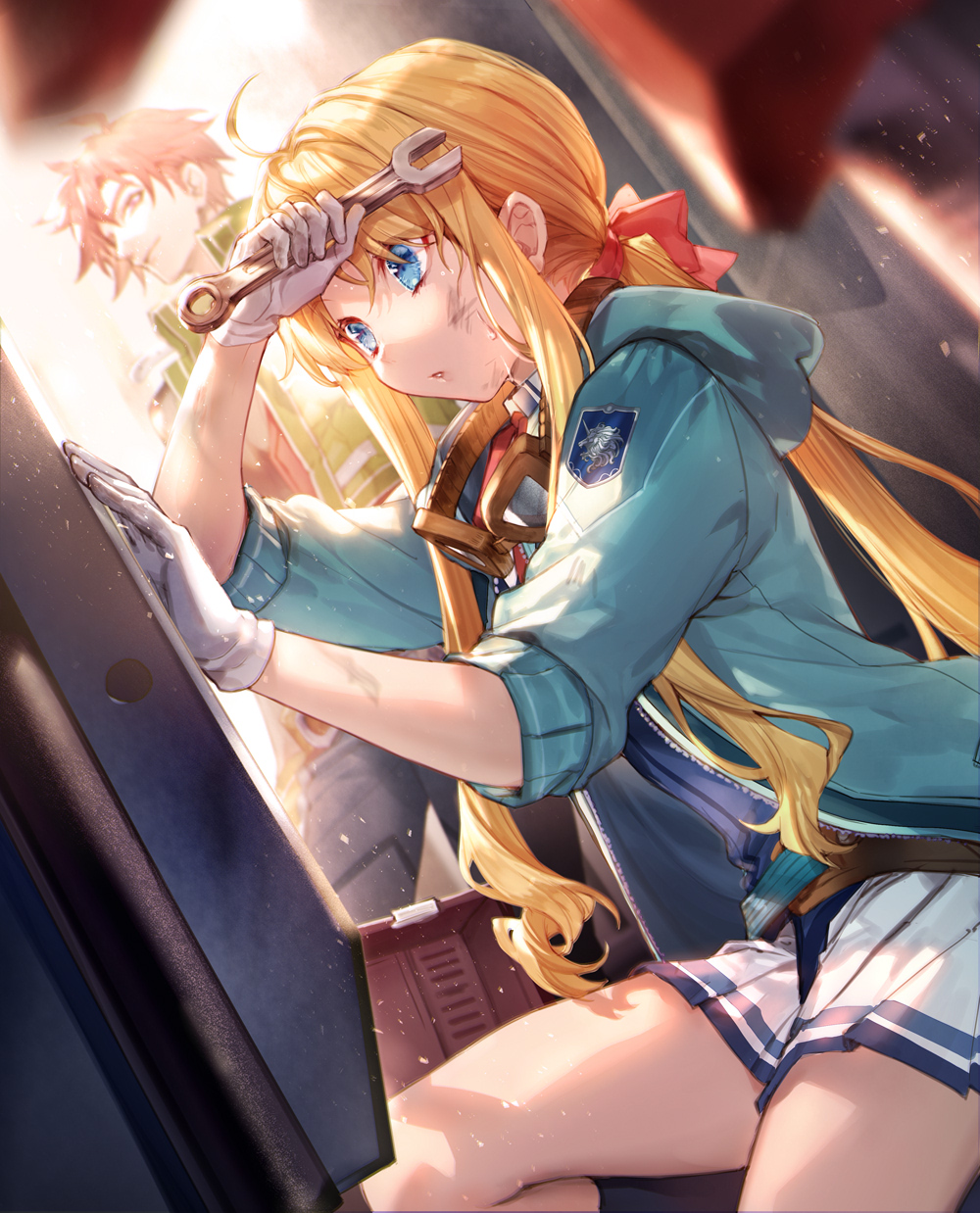 1boy 1girl achan_(blue_semi) agate_crosner ahoge blonde_hair blue_eyes blue_jacket blue_shirt chinese_commentary closed_mouth cowboy_shot dirty dirty_face dutch_angle eiyuu_densetsu gloves goggles goggles_around_neck green_jacket hair_ribbon highres holding holding_wrench hood hooded_jacket insignia jacket long_hair looking_at_another miniskirt open_clothes open_jacket parted_lips pleated_skirt ponytail red_ribbon redhead ribbon sen_no_kiseki sen_no_kiseki_iii sen_no_kiseki_iv shirt sidelocks sitting skirt smile solo_focus sora_no_kiseki straight_hair sunlight sweat sweatdrop thighs tita_russell toolbox unzipped white_gloves white_skirt wiping_sweat wrench
