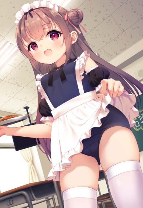1girl :d apron apron_lift bangs black_sleeves blue_swimsuit blush brown_hair chitosezaka_suzu commentary_request curtains day desk detached_sleeves eyebrows_visible_through_hair frilled_apron frills hair_bun holding holding_tray indoors lifted_by_self long_hair maid_headdress old_school_swimsuit one-piece_swimsuit open_mouth original puffy_short_sleeves puffy_sleeves red_eyes school_desk school_swimsuit short_sleeves side_bun skindentation smile solo swimsuit thigh-highs tray very_long_hair white_apron white_legwear window