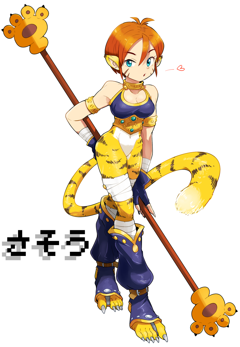 1girl animal_ears breasts breath_of_fire breath_of_fire_ii bustier cat_ears cat_tail facial_mark furry furry_female gloves green_eyes hari_(kureon) looking_at_viewer medium_breasts no_pants open_mouth orange_hair pointy_ears rinpoo_chuan short_hair simple_background solo staff tail white_background