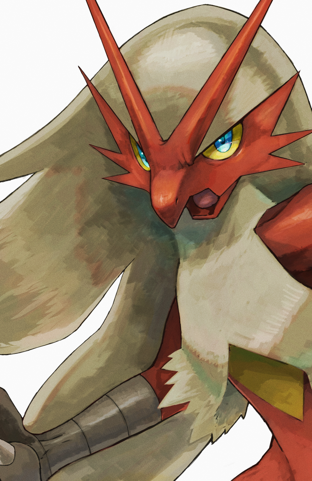 blaziken blue_eyes claws colored_sclera commentary_request gen_3_pokemon grey_fur highres kikuyoshi_(tracco) open_mouth pokemon pokemon_(creature) simple_background solo tongue upper_body white_background yellow_sclera