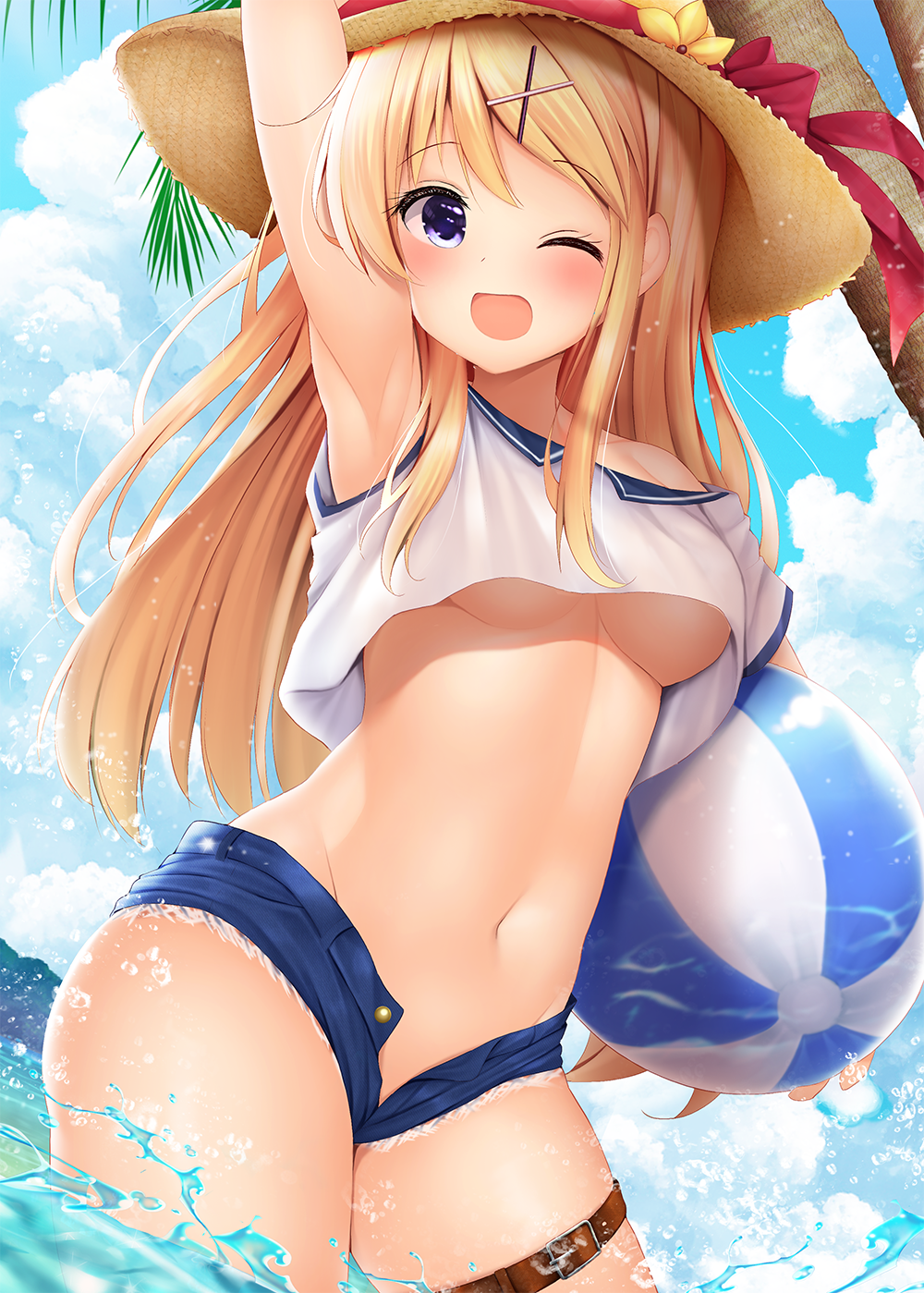 1girl ;d arm_up armpits ball bangs beachball blonde_hair blue_shorts blue_sky blush bow breasts brown_headwear carrying_under_arm clouds cloudy_sky collarbone commentary_request crop_top day eyebrows_visible_through_hair flower hair_ornament hairclip hat hat_bow hat_flower highres kin-iro_mosaic kujou_karen long_hair looking_at_viewer medium_breasts minato_ojitan navel off_shoulder one_eye_closed open_clothes open_fly open_mouth open_shorts outdoors palm_tree red_bow shirt short_shorts short_sleeves shorts sky smile solo straw_hat thigh_strap tree under_boob very_long_hair violet_eyes white_shirt x_hair_ornament yellow_flower