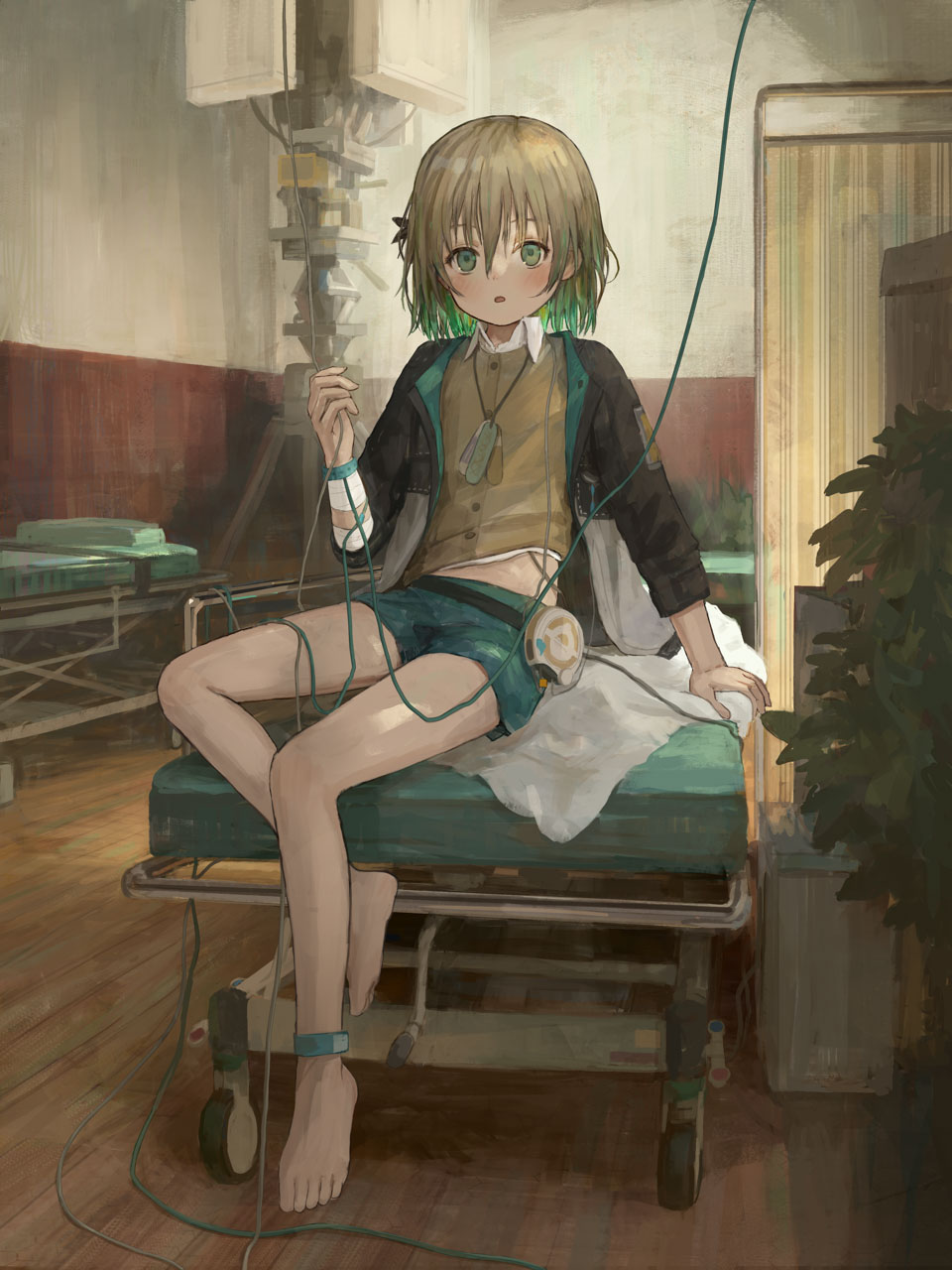 1girl arm_support asatsugutori bandaged_arm bandages barefoot cable cardigan collared_shirt full_body gradient_hair green_eyes green_hair hibari_(asatsugutori) highres indoors jacket jewelry light_brown_hair looking_at_viewer multicolored_hair necklace official_art open_clothes open_jacket parted_lips shion_(mirudakemann) shirt short_hair short_shorts shorts sitting solo stretcher