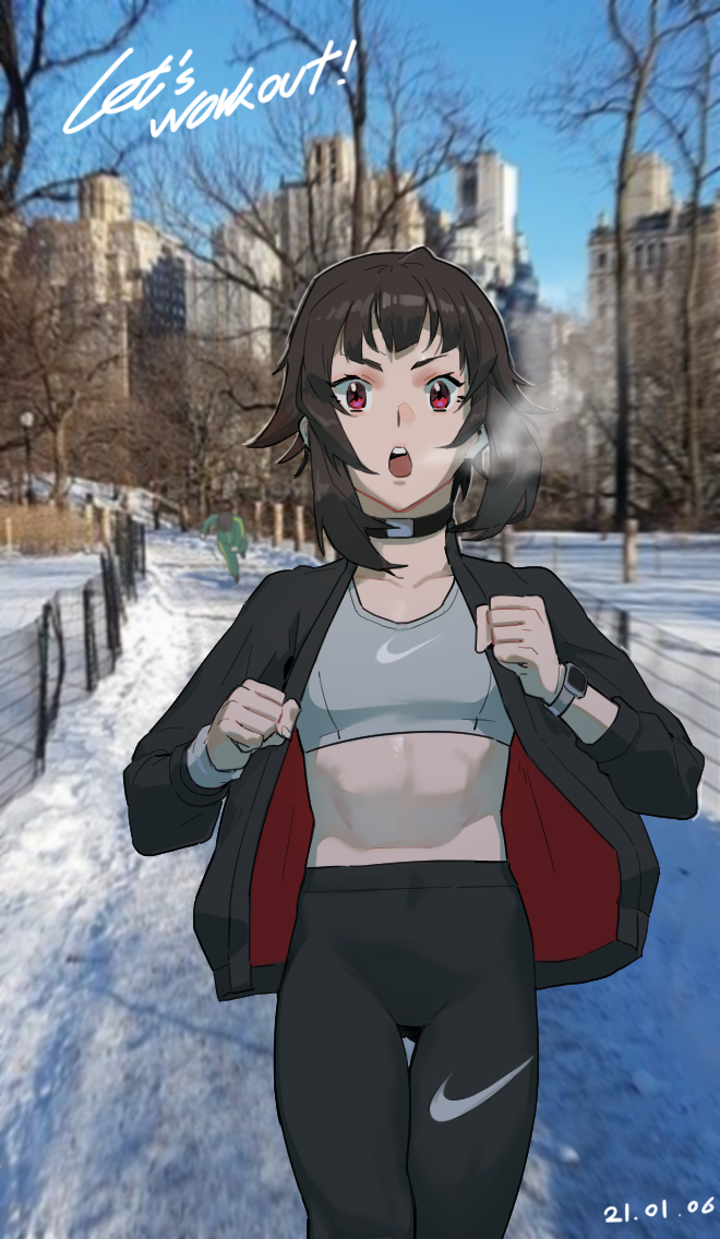1boy 1girl black_choker black_jacket black_pants breath brown_hair building choker city clenched_hands commentary dated day duplicate english_text hands_up hong_doo jacket jogging kono_subarashii_sekai_ni_shukufuku_wo! long_sleeves looking_at_viewer megumin new_york nike open_mouth outdoors pants photo_background pixel-perfect_duplicate red_eyes short_hair skyscraper snow solo_focus sports_bra straight-on thigh_gap track_jacket tree v-shaped_eyebrows watch watch winter yoga_pants
