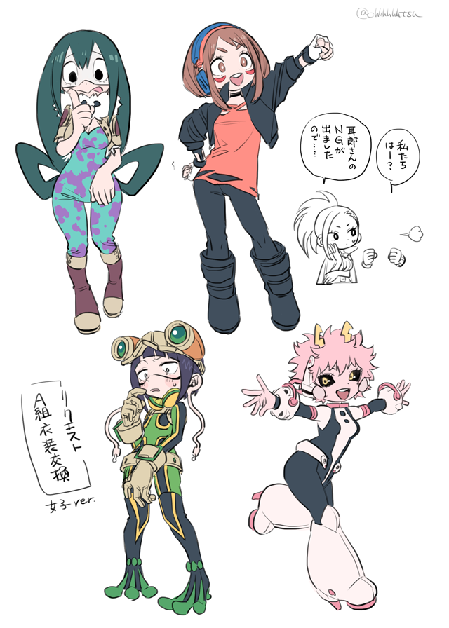 6+girls :d artist_name ashido_mina ashido_mina_(cosplay) asui_tsuyu asui_tsuyu_(cosplay) asymmetrical_bangs bangs black_bodysuit black_choker black_footwear black_hair black_jacket black_legwear black_pants black_sclera blush bodysuit boku_no_hero_academia boots brown_eyes brown_footwear brown_gloves cape chibi chibi_inset choker clenched_hand colored_sclera colored_skin commentary cosplay costume_switch cropped_jacket embarrassed excited facial_mark frog_girl gloves goggles goggles_on_head green_bodysuit green_eyes hagakure_tooru hair_rings hand_on_hip hand_up happy headphones high_heel_boots high_heels horns index_finger_raised invisible jacket jirou_kyouka jirou_kyouka_(cosplay) long_hair looking_afar looking_at_viewer low-tied_long_hair multiple_girls nervous ohhhhhhtsu open_mouth outstretched_arms pants pink_bodysuit pink_hair pink_skin ponytail red_shirt running shirt short_hair short_hair_with_long_locks sidelocks simple_background smile thick_eyebrows thinking torn_clothes torn_shirt translated twitter_username upper_teeth uraraka_ochako uraraka_ochako_(cosplay) white_background yaoyorozu_momo