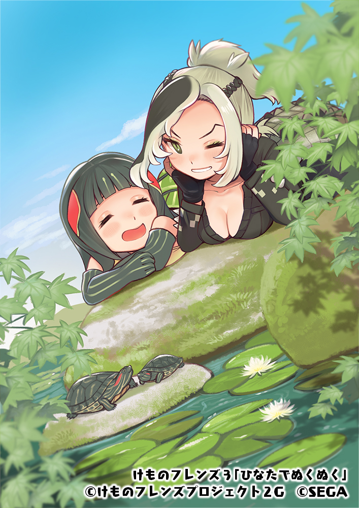 2girls bare_shoulders black_gloves blush closed_eyes commentary_request crocodilian_tail elbow_gloves fingerless_gloves gloves green_eyes green_gloves green_jacket jacket kemono_friends kemono_friends_3 lizard_girl long_sleeves lying multicolored_hair multiple_girls official_art on_stomach one_eye_closed red-eared_slider_(kemono_friends) redhead saltwater_crocodile_(kemono_friends) short_hair sleeveless smile sunayama_sunaco turtle turtle_shell two-tone_hair
