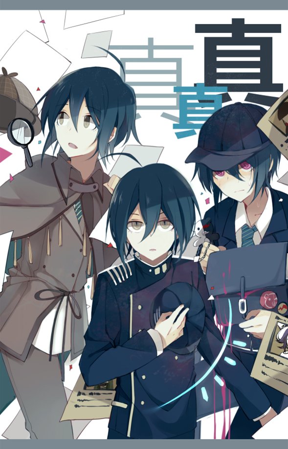 3boys ahoge bag bangs black_bag black_headwear black_jacket brown_capelet brown_eyes brown_jacket brown_pants buttons capelet collared_shirt commentary_request dangan_ronpa_(series) dangan_ronpa_v3:_killing_harmony detective double-breasted hair_between_eyes headwear_removed jacket letterboxed long_sleeves looking_at_viewer magnifying_glass male_focus monokuma multiple_boys multiple_persona official_alternate_costume open_mouth pants qiao_xing saihara_shuuichi school_uniform shirt short_hair simple_background striped striped_neckwear translation_request upper_body white_background white_shirt