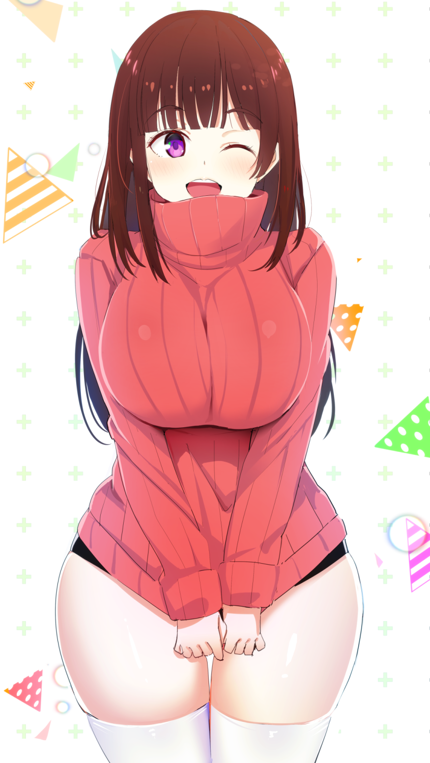 1girl breast_squeeze breasts brown_hair clothes_pull commission happy highres large_breasts one_eye_closed open_mouth original red_sweater smile solo sweater sweater_pull thigh-highs turtleneck turtleneck_sweater violet_eyes white_legwear xiaodi zettai_ryouiki