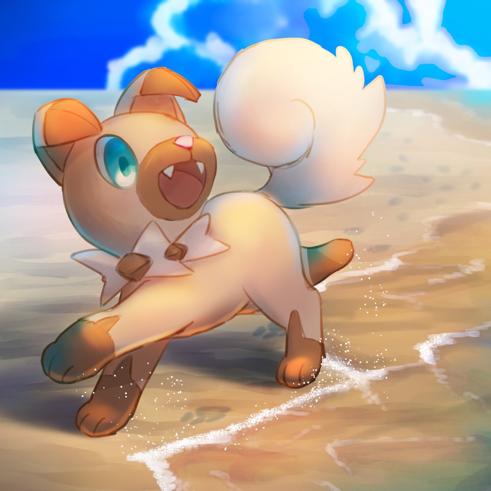blue_eyes clouds commentary_request day fangs gen_7_pokemon kikuyoshi_(tracco) looking_to_the_side no_humans open_mouth outdoors paws pokemon pokemon_(creature) rockruff sand shore sky solo standing toes tongue water