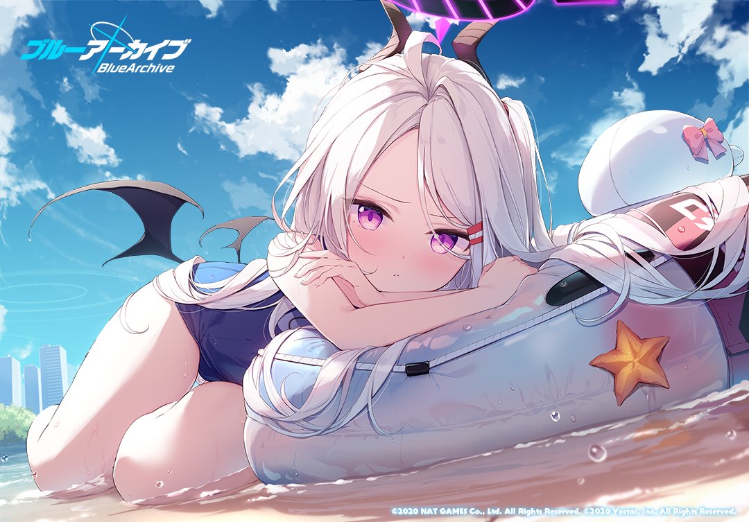 1girl ahoge bangs blue_archive blue_swimsuit blush building day hair_ornament hairclip halo hina_(blue_archive) horns inflatable_toy logo long_hair looking_at_viewer low_wings lying multiple_horns nijihashi_sora official_art one-piece_swimsuit outdoors school_swimsuit sky solo starfish swimsuit very_long_hair violet_eyes water white_hair wings
