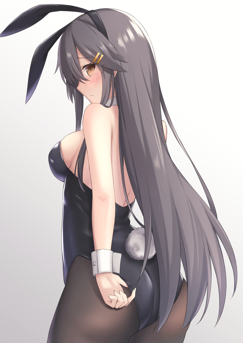 1girl akahi242 alternate_costume animal_ears ass black_hair black_legwear black_leotard bow bowtie breasts covered_navel cowboy_shot detached_collar eyebrows_visible_through_hair fake_animal_ears fake_tail gradient gradient_background grey_background haruna_(kancolle) highres kantai_collection leotard long_hair looking_at_viewer looking_back medium_breasts pantyhose playboy_bunny playboy_bunny_leotard rabbit_ears rabbit_tail solo strapless strapless_leotard tail wrist_cuffs yellow_eyes