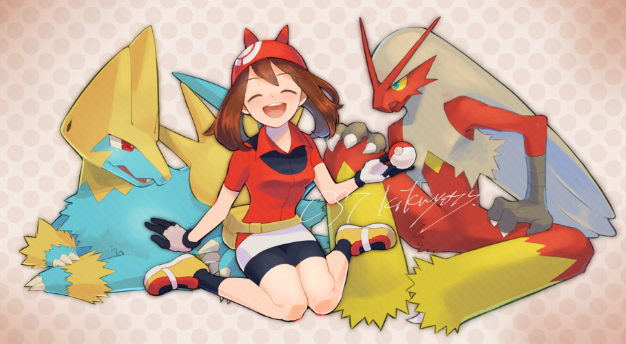 1girl :d bangs bike_shorts black_legwear blaziken blush brown_hair closed_eyes collared_shirt commentary_request facing_viewer gen_3_pokemon gloves holding holding_poke_ball kikuyoshi_(tracco) manectric may_(pokemon) open_mouth poke_ball pokemon pokemon_(creature) pokemon_(game) pokemon_rse red_bandana red_shirt shirt shoes short_sleeves signature sitting skirt smile socks tongue upper_teeth white_skirt yellow_footwear