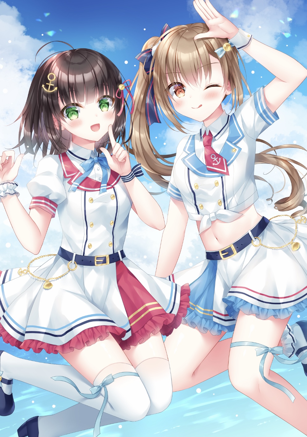 2girls :d ;q ahoge anchor_hair_ornament arm_up black_hair blue_sky blush brown_eyes brown_hair closed_mouth clouds cloudy_sky commentary_request crop_top day dress frilled_dress frilled_skirt frills green_eyes hair_ornament hands_up highres kohinata_hoshimi long_hair midriff multiple_girls navel one_eye_closed open_mouth original outdoors puffy_short_sleeves puffy_sleeves shirt short_sleeves side_ponytail skirt sky smile summer thigh-highs tied_shirt tongue tongue_out very_long_hair water white_dress white_legwear white_shirt white_skirt wrist_cuffs