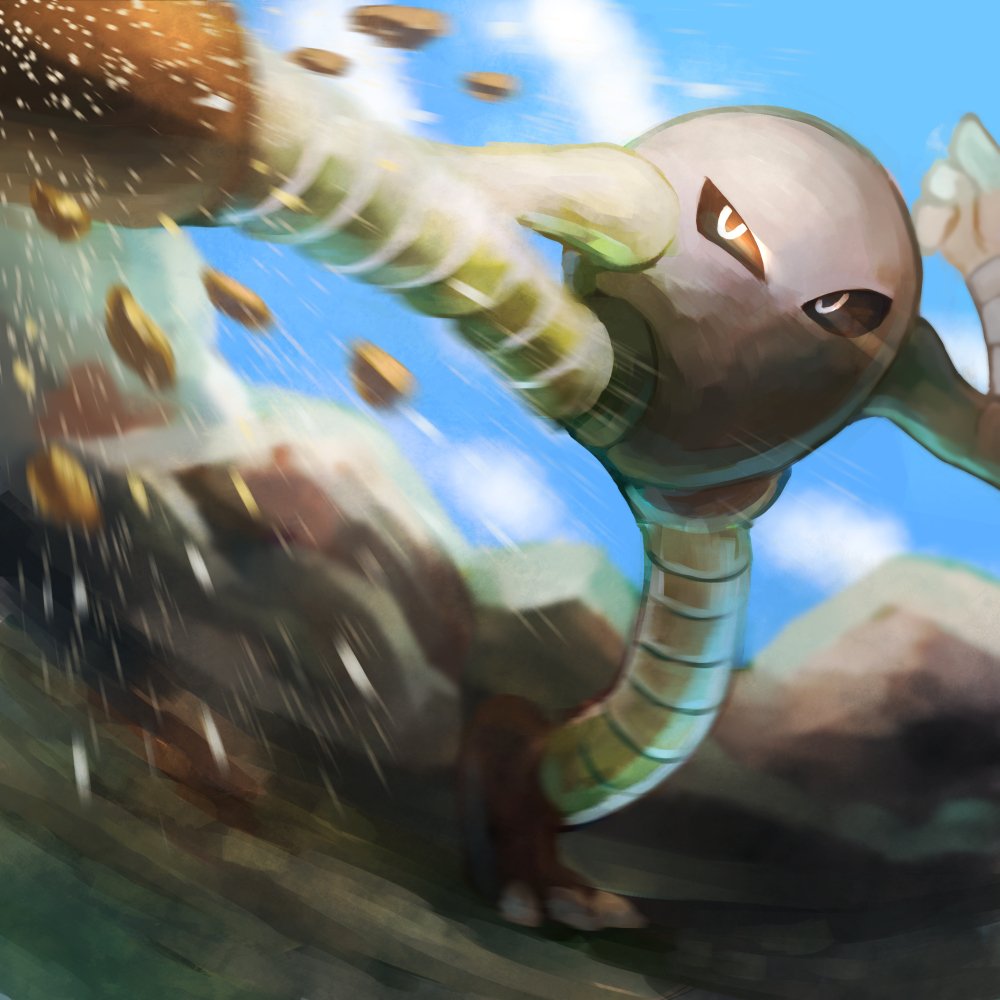 arm_up blurry claws clouds commentary_request day gen_1_pokemon hitmonlee kicking kikuyoshi_(tracco) outdoors pokemon pokemon_(creature) rock sky solo standing standing_on_one_leg