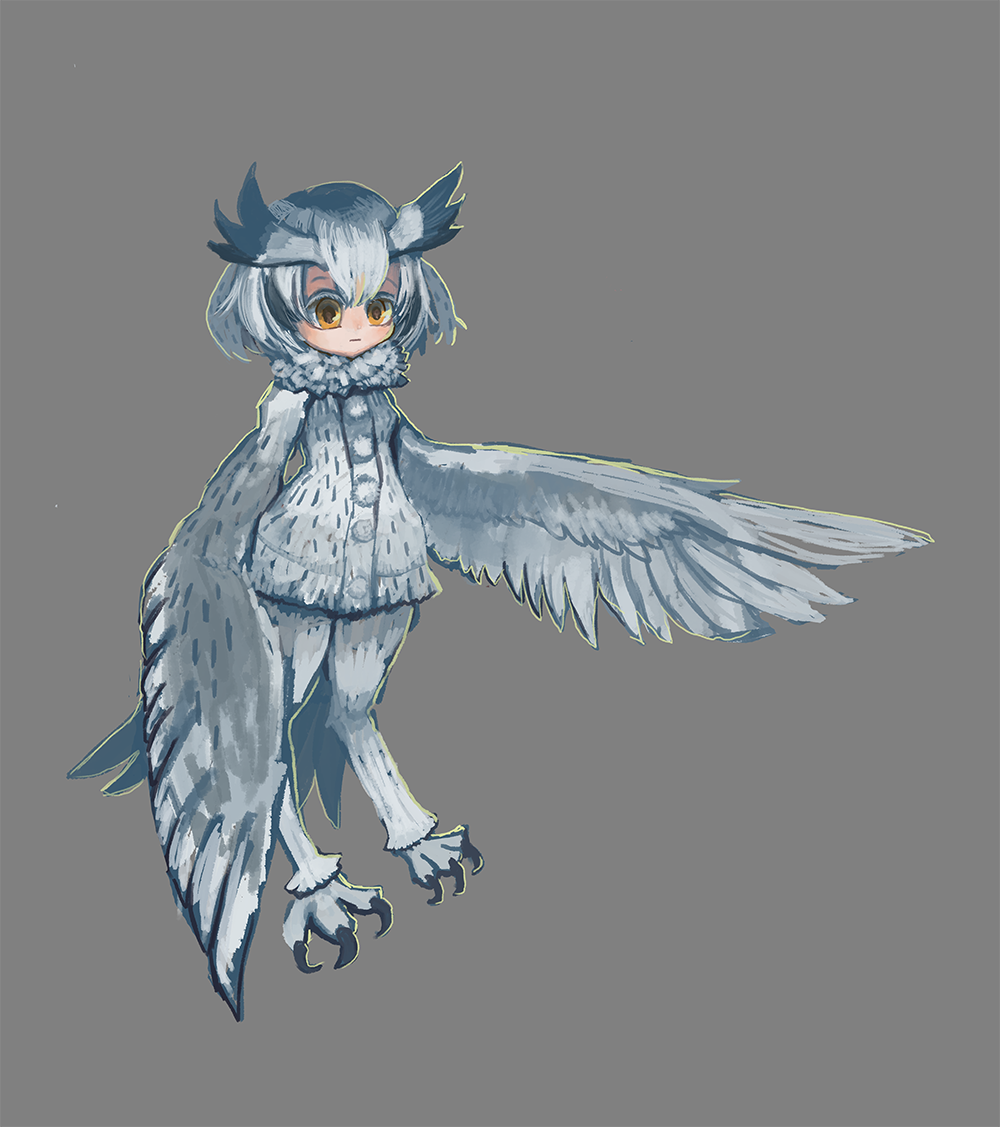 1girl animal_feet bangs bird_legs bird_tail coat commentary_request feathered_wings feathers grey_background harpy head_wings kemono_friends match314 monster_girl monsterification northern_white-faced_owl_(kemono_friends) short_hair simple_background solo tail tail_feathers talons white_feathers white_hair white_wings winged_arms wings