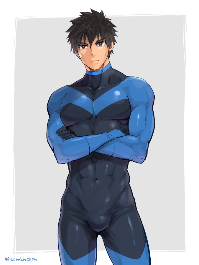1boy abs black_bodysuit black_eyes black_hair bodysuit bulge closed_mouth crossed_arms large_pectorals looking_at_viewer male_focus muscular muscular_male original pectorals short_hair simple_background skin_tight solo thick_thighs thighs torakichi_(ebitendon)