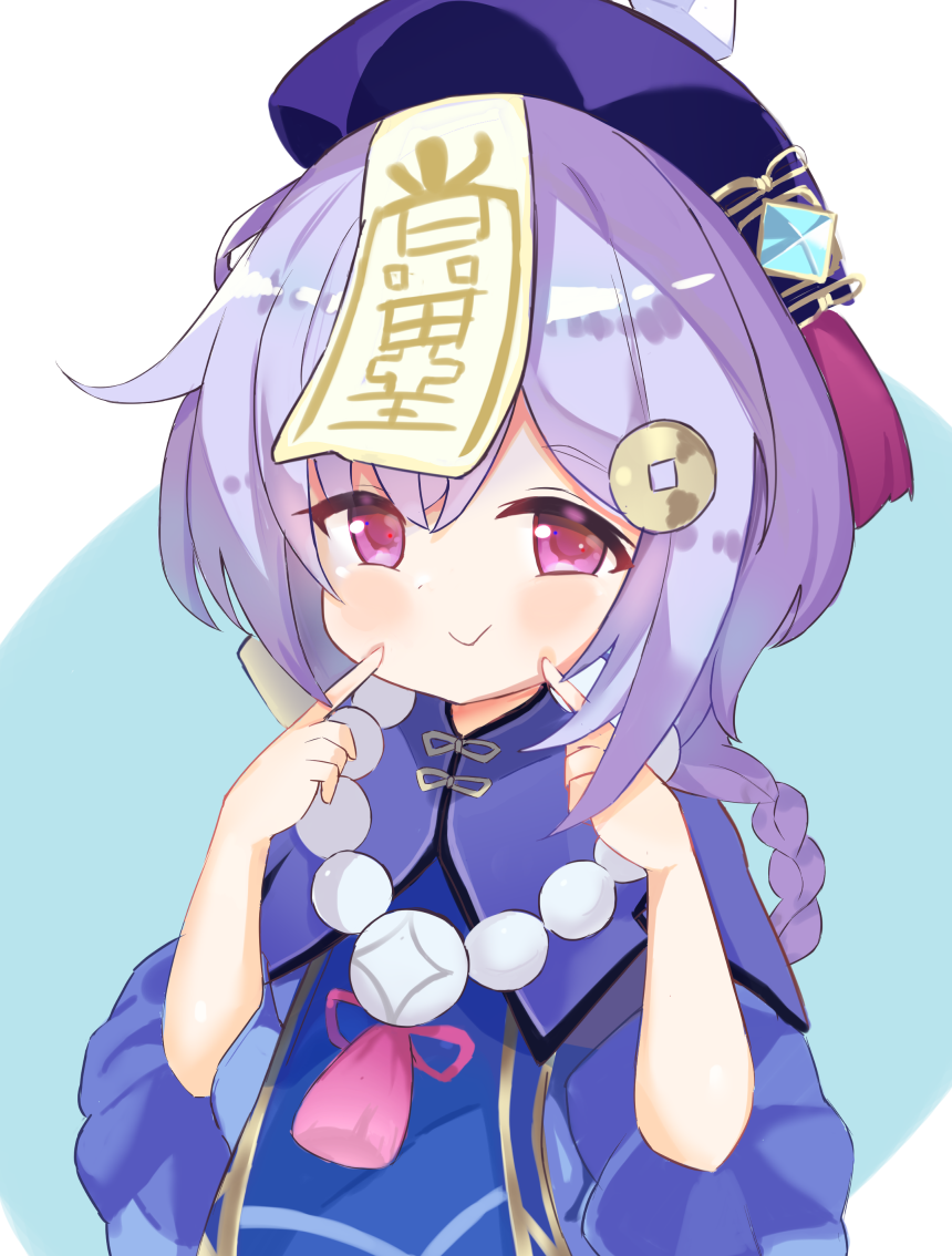 1girl :&gt; applemint bangs bead_necklace beads braid coin_hair_ornament commentary_request eyebrows_visible_through_hair fingers_to_cheeks genshin_impact hat jewelry jiangshi long_sleeves looking_at_viewer low_ponytail necklace purple_hair qing_guanmao qiqi_(genshin_impact) sidelocks simple_background single_braid smile solo two-tone_background violet_eyes vision_(genshin_impact)