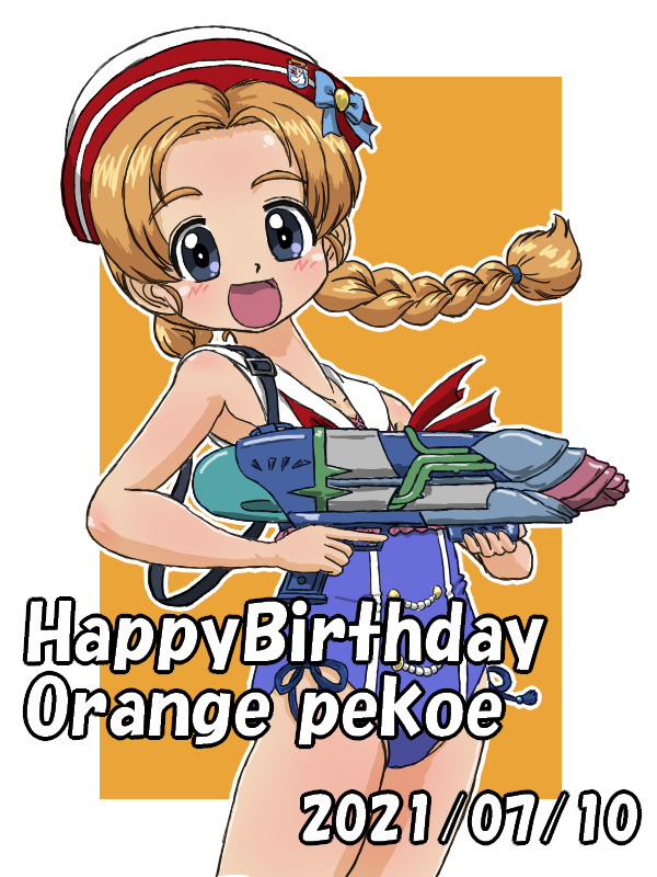1girl :d alternate_hairstyle bangs blue_eyes blue_swimsuit border braid character_name commentary cowboy_shot dated dixie_cup_hat emblem english_text girls_und_panzer girls_und_panzer_senshadou_daisakusen! hair_down hair_tie happy_birthday hat headband holding looking_at_viewer military_hat one-piece_swimsuit open_mouth orange_background orange_hair orange_pekoe_(girls_und_panzer) outside_border parted_bangs red_headband sailor_collar saunders_(emblem) short_hair smile solo standing super_soaker swimsuit takahashi_kurage twin_braids twintails white_border
