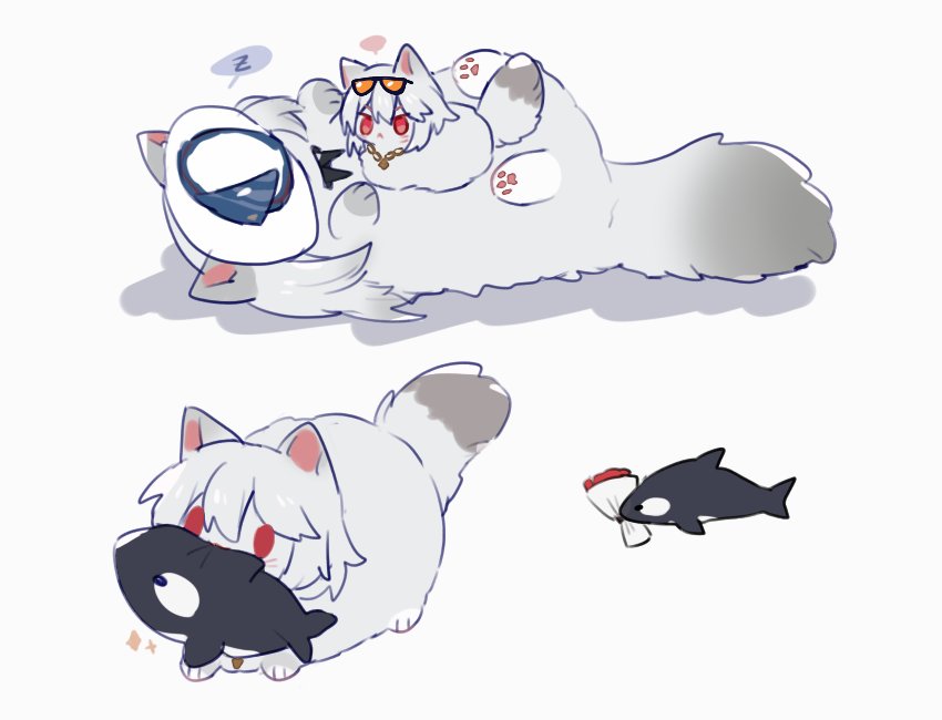 2girls animal_ears animalization arknights cat grey_fur hat holding holding_stuffed_toy jewelry mouth_hold multiple_girls no_humans on_animal orca red_eyes simple_background skadi_(arknights) skadi_(waverider)_(arknights) sleeping specter_(arknights) spoken_zzz stuffed_animal stuffed_orca stuffed_toy sun_hat symbol-only_commentary tail tail_hug white_background white_headwear zhu_mianzi zzz