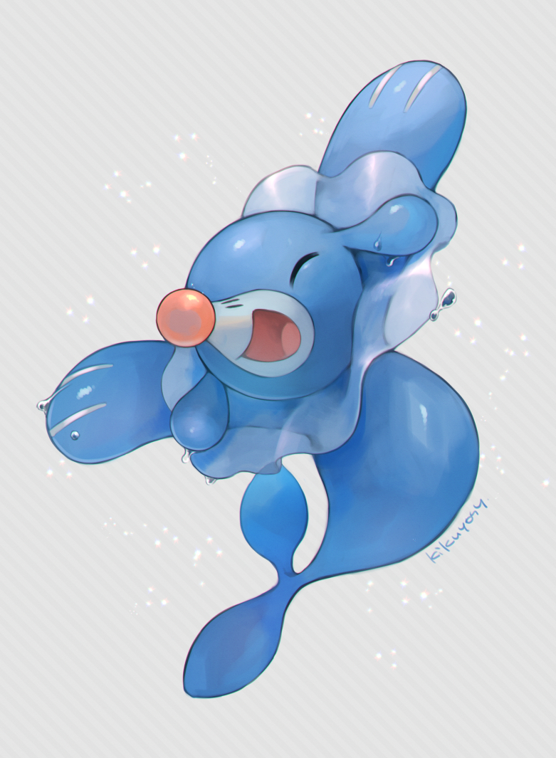:d closed_eyes commentary_request creature full_body gen_7_pokemon grey_background kikuyoshi_(tracco) no_humans open_mouth pokemon pokemon_(creature) popplio shiny signature smile tongue water_drop wet