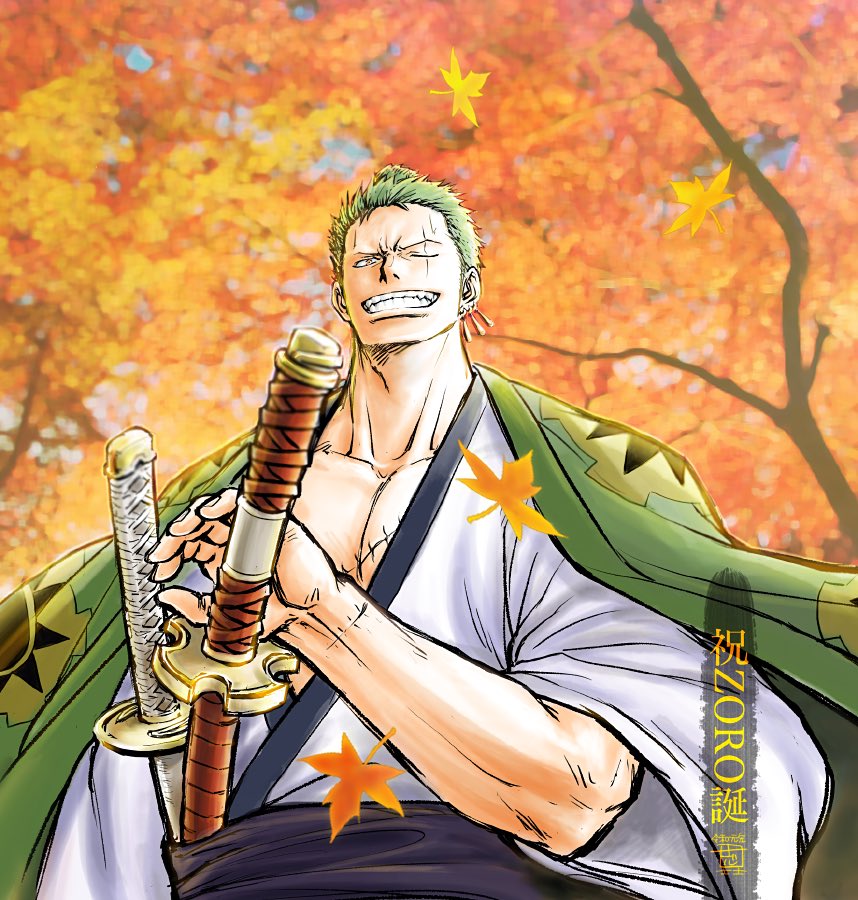 1boy drawing_sword earrings from_below green_hair grin haori holding holding_sword holding_weapon japanese_clothes jewelry katana kimono kokorozashi long_sideburns looking_at_viewer male_cleavage male_focus muscular muscular_male official_alternate_costume one_piece pectorals roronoa_zoro scar scar_on_chest short_hair sideburns single_earring smile solo sword upper_body weapon white_kimono