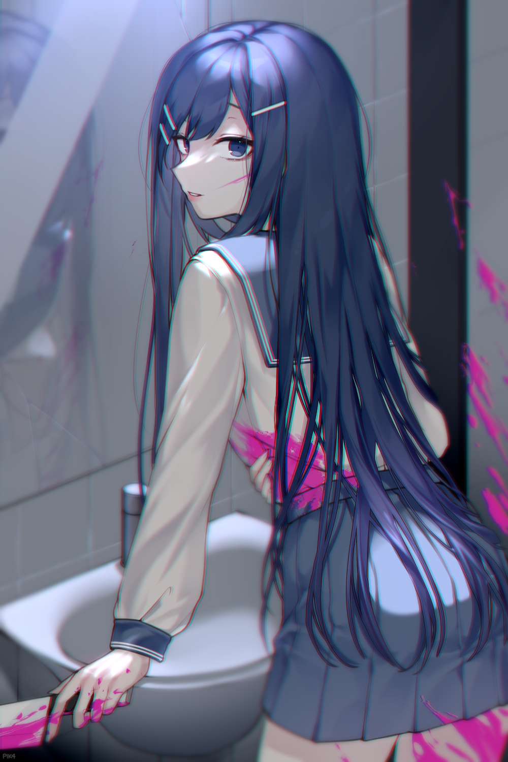 1girl bangs bathroom blood blood_on_fingers bloody_clothes blue_eyes blue_hair commentary_request cowboy_shot dangan_ronpa:_trigger_happy_havoc dangan_ronpa_(series) from_behind hair_ornament hairclip highres holding holding_knife injury knife leaning_forward long_hair long_sleeves looking_at_viewer looking_back maizono_sayaka mirror parted_lips pik4 pleated_skirt sailor_collar school_uniform serafuku shirt_tucked_in sink skirt solo