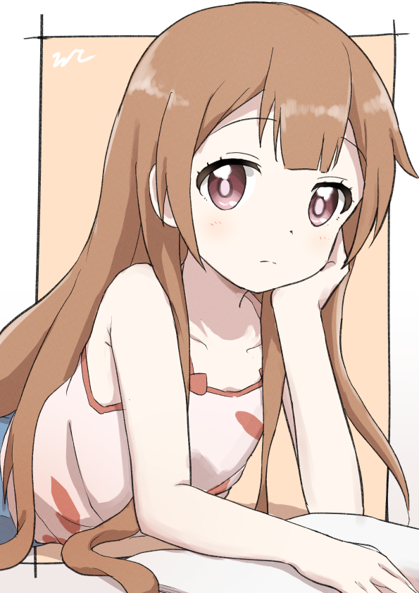 1girl aayh bare_arms bare_shoulders blush brown_background brown_eyes brown_hair camisole closed_mouth collarbone commentary_request hand_up long_hair looking_at_viewer oomuro-ke oomuro_hanako pink_camisole signature solo two-tone_background very_long_hair white_background yuru_yuri