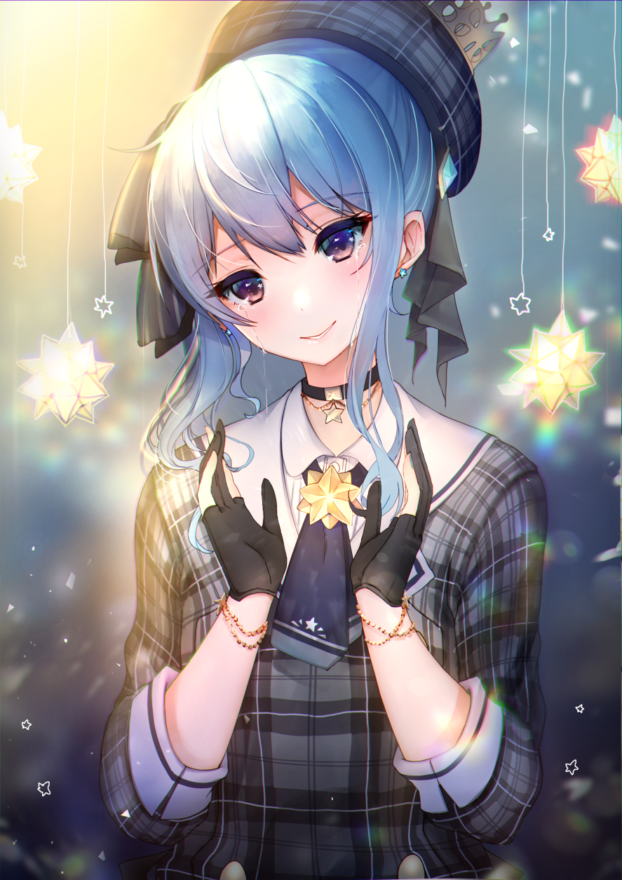 1girl ascot bangs beret black_choker black_gloves blue_hair blue_neckwear buttons chitose_mame choker collared_shirt crown crying crying_with_eyes_open double-breasted earrings gloves grey_headwear grey_jacket hair_between_eyes hair_ribbon happy_tears hat highres hololive hoshimachi_suisei jacket jewelry long_hair long_sleeves looking_at_viewer medium_hair partially_fingerless_gloves pendant plaid plaid_headwear plaid_jacket ribbon shirt side_ponytail sidelocks solo star_(symbol) star_bracelet star_earrings star_in_eye symbol_in_eye tears violet_eyes virtual_youtuber white_shirt