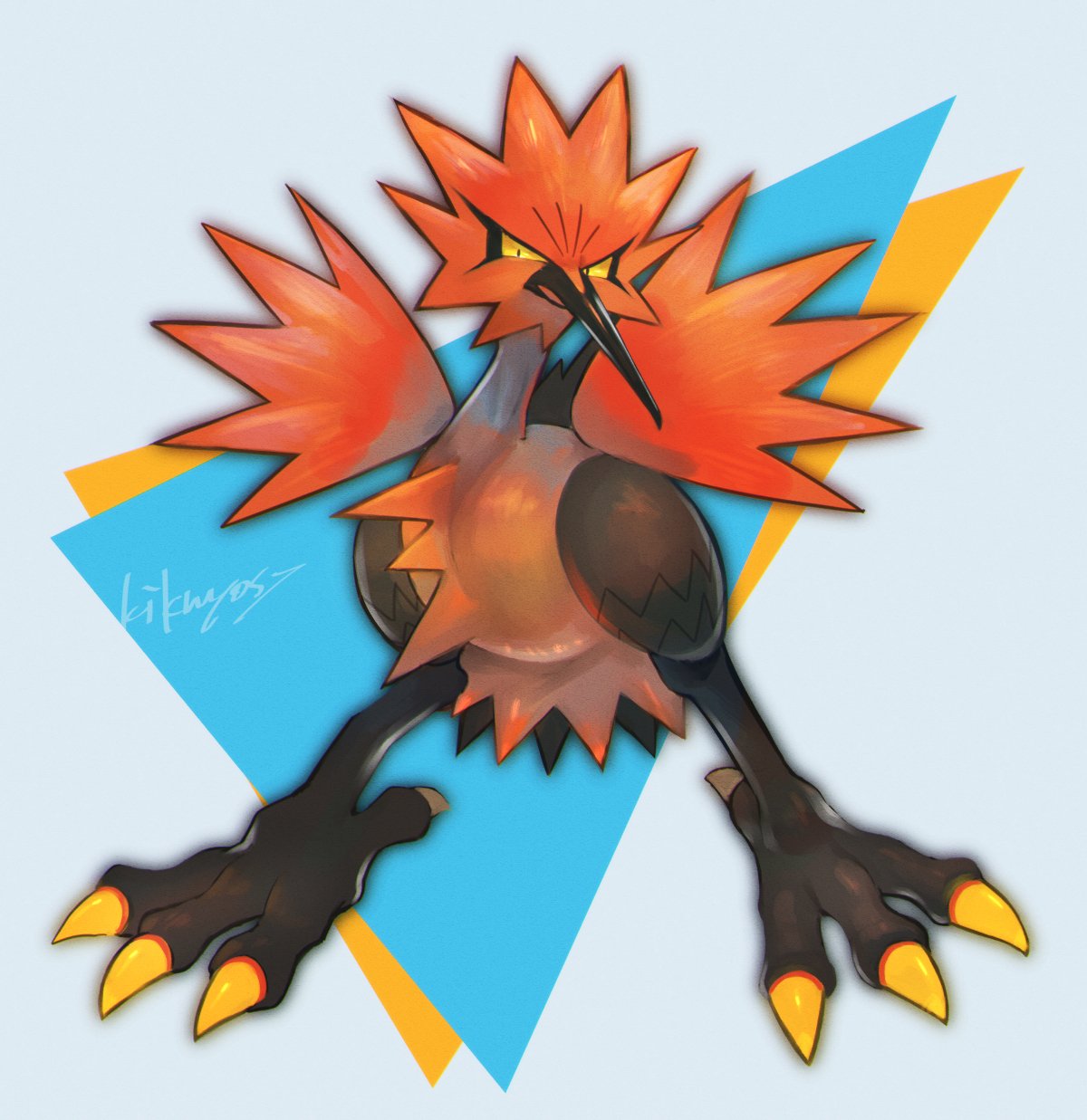 bird commentary_request full_body galarian_form galarian_zapdos gen_8_pokemon highres kikuyoshi_(tracco) legendary_pokemon looking_at_viewer multicolored multicolored_background no_humans pokemon pokemon_(creature) signature solo talons