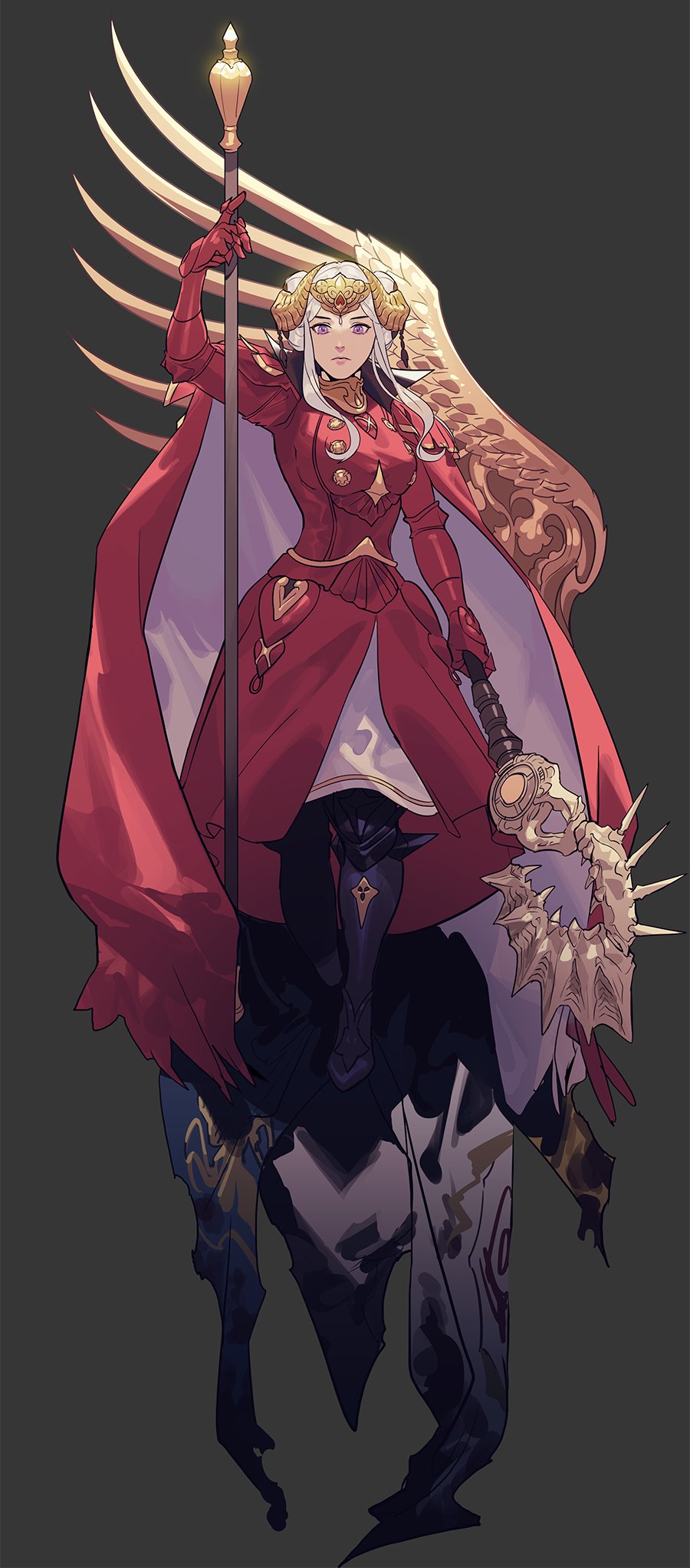 1girl armor armored_dress axe black_footwear boots breasts byuub cape closed_mouth double_bun dress dual_wielding edelgard_von_hresvelg fire_emblem fire_emblem:_three_houses gauntlets gloves hair_bun hair_ornament highres holding holding_axe holding_staff holding_weapon horn_ornament horns lips looking_at_viewer medium_breasts multicolored multicolored_cape multicolored_clothes pink_lips red_cape red_dress red_gloves short_hair sidelocks solo staff tiara violet_eyes weapon white_cape white_hair