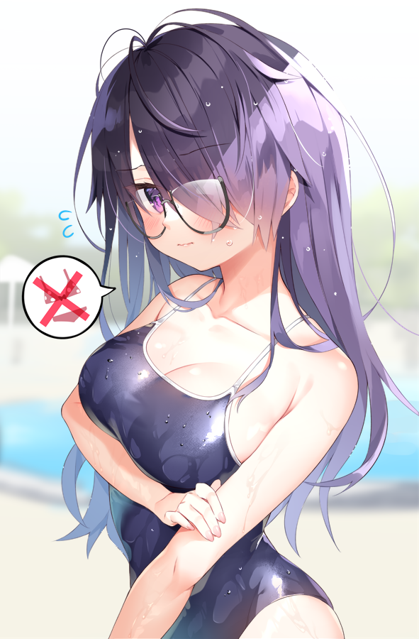 1girl arm_under_breasts bangs bare_shoulders blue_swimsuit blurry blurry_background blush breasts chihiro_(khorosho) closed_mouth collarbone commentary_request eyebrows_visible_through_hair eyes_visible_through_hair flying_sweatdrops glasses hair_over_one_eye holding_own_arm large_breasts long_hair looking_at_viewer one-piece_swimsuit original pool purple_hair school_swimsuit semi-rimless_eyewear solo spoken_clothes standing swimsuit upper_body violet_eyes wet wet_clothes wet_swimsuit