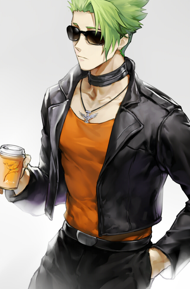 1boy achilles_(fate) belt black_jacket black_pants changye choker closed_mouth coffee coffee_cup cropped_jacket cup disposable_cup fate/apocrypha fate/grand_order fate_(series) green_hair jacket jewelry male_focus necklace orange_shirt pants shirt short_hair simple_background solo sunglasses upper_body