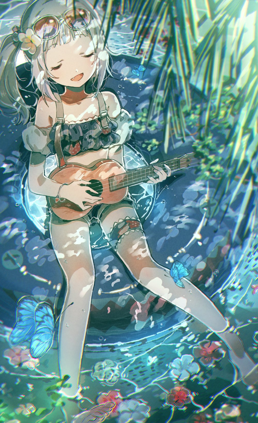 1girl :d bangs barefoot bikini bikini_top blue_bikini blue_flower bracelet bug butterfly closed_eyes commentary detached_sleeves eyewear_on_head fang flower gawr_gura hair_flower hair_ornament highres holding holding_instrument hololive hololive_english innertube insect instrument jewelry music open_mouth overall_shorts overalls palm_tree partially_submerged playing_instrument pom_(soupy) puffy_short_sleeves puffy_sleeves red_flower short_sleeves side_ponytail sidelocks smile solo sunglasses swimsuit thigh_strap tree ukulele virtual_youtuber water