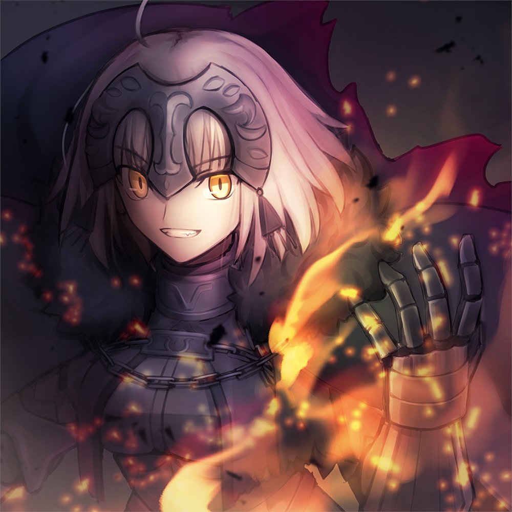 1girl ahoge armor armored_dress ashes black_armor black_cape black_dress black_gloves breasts cape chain commentary_request dress embers eyebrows_visible_through_hair fang fate/grand_order fate_(series) fire gauntlets gloves headgear jeanne_d'arc_(alter)_(fate) jeanne_d'arc_(fate)_(all) looking_at_viewer magic medium_breasts migiha pale_skin short_hair sidelocks smile solo teeth upper_body white_hair yellow_eyes